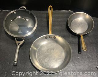 Two Vintage Cop R Chef Pans and a Calphalon with Lid 