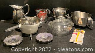 Pyrex Measuring Cups Metal Bowls and Other Kitchenware 