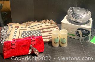 Memorex Boom Box- Flameless Candles- American Flag Blanket- Insulated Wine Purse 