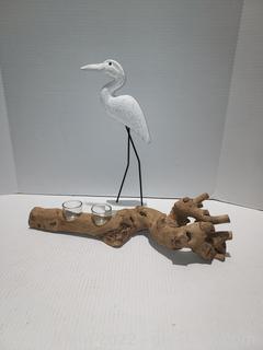 Lovely Beach Decor- Driftwood Candle Holder and Carved Egret 