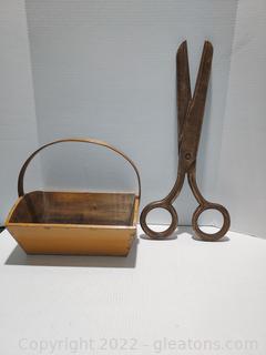 Lovely Wood Decor Pieces- Large Scissors and Basket 