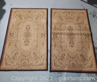 2 Taupe, Burgundy and Green Throw Rugs 