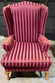 Beautiful "Santa Claus" Wingback Chair, Red Satin Vertical Striped 