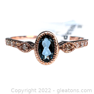 Brand New 14K Rose Gold London Blue Topaz and Diamond Ring