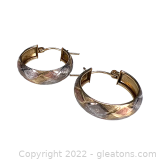 14KT Tri-Colored Gold Criss-Cross Hoop Earrings