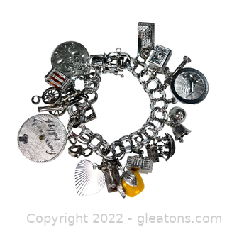 Sterling Silver Charm Bracelet with Many Charms