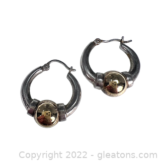 Sterling Silver Hoop Earrings with Gold Tone Bead