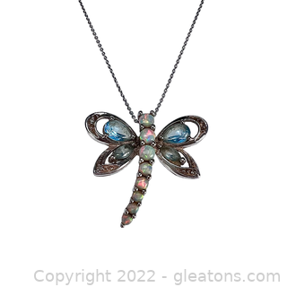 10kt White Gold Opal, Blue Topaz & Diamond Dragonfly Necklace