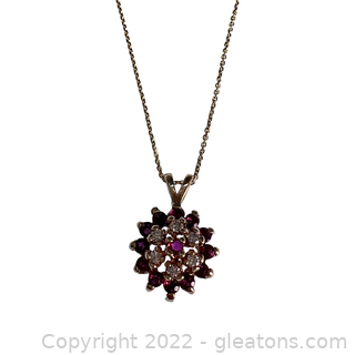 10kt Yellow Gold Ruby & Diamond Cluster Necklace