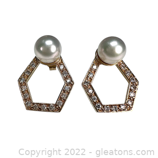 Unique 14kt Yellow Gold Pearl & Diamond Earrings