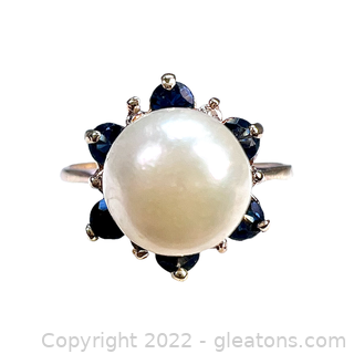 14kt Yellow Gold Pearl, Sapphire & Diamond Ring