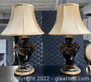 Pair of Dark Green Porcelain, Gilded Phoenix, Dragon Claw Base Lamps 