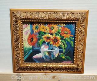 Lovely Original Oil on Canvas Floral Painting in Gold Frame