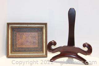 Wooden Plate Stand & Wooden Framed Old World Map