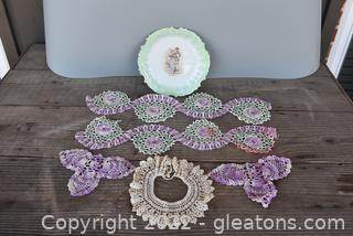 Victorian Courting Couple Collector Plate / Handmade Crocheted Doilies / Crocheted Collar