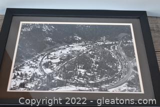 Framed Black and White Photo of Rail Road Loop Arial View  
