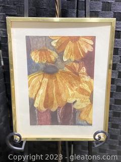 “Shining Through” by Anne R Petropoulon Framed Watercolor Print of Sunflowers
