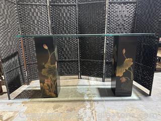 Asian Chinoiserie Pillar Console Table w/Beveled Glass Top 