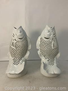 Pair of Pierced Porcelain Blanc de Chine Koi Fish