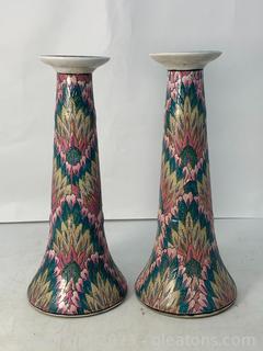 Pair of Handpainted Heygill “Dynasty” Porcelain Candlesticks From Macall