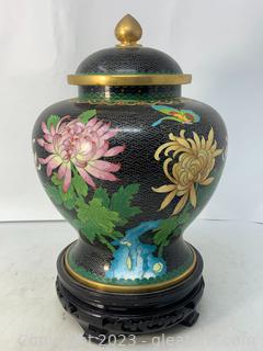 Noir Chrysanthemum Cloisonne Ginger Jar with Lid and Wooden Stand