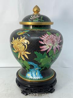 Noir Chrysanthemum Cloisonne Ginger Jar with Lid And Wooden Stand