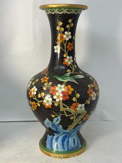 Noir Floral Cloisonne Gourd Vase with Brass Accents