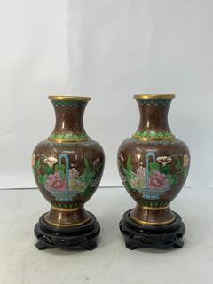 Pair of Brown Floral Cloisonne and Brass Vases with Wooden Stands
