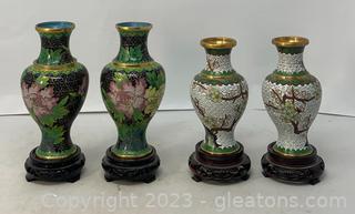 Four Small Noir and White Cloisonne/Brass Vases with Stands