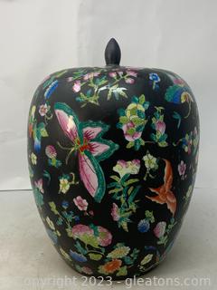 Large Famille Noire Rose Butterfly Ginger Jar with Lid
