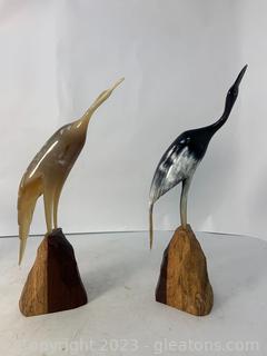 Pair of Ox Horn Cranes on Wooden Bases