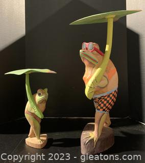 Two Hand Carved Wooden Frogs Holding Lily Pads