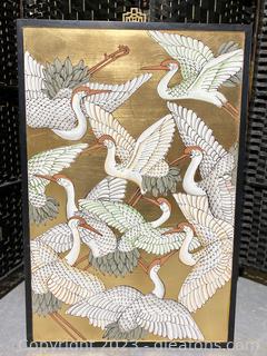 Asian Wood Panel of Cranes in Flight 