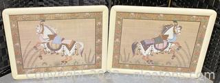 Framed Pair of Prancing Painted Asian Horses on Fabric 
