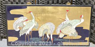 Asian Art Piece Wood Panel Featuring Cranes in Water 