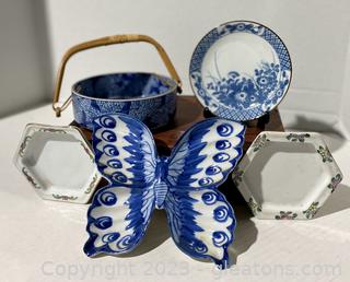 Blue & White Lot - Variety of Asian Items Includes Box of Miniature Plates, Rice Bowl