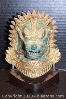 Unique Khmer Style Metal Lion/Foo Dog Head on Wooden Base 