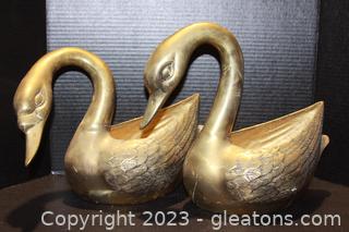 Pair of Vintage Brass Swan Planters 