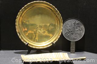Brass Lead Vanity Tray, Brass Platter & Vintage Japanese Mirror 