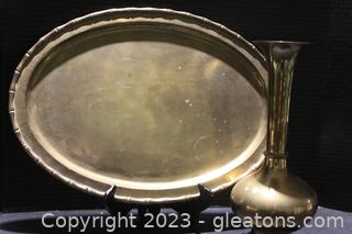 Brass Oval Serving Platter & Brass Vase 