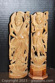 Pair of Vintage Goddess Wooden Carved Figurines 
