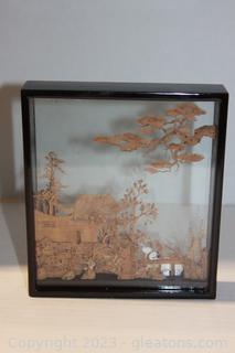 Vintage Chinese Diorama Cork Carving Glass Case 