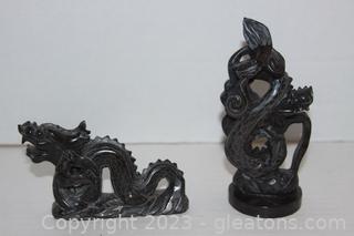 Two Black Natural Stone Dragon Sculptures 