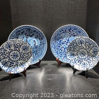 Lovely Blue/White Decorative Plates (Dragon) and Bowl (Flowers) 
