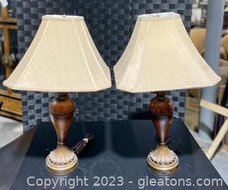 Pair of Wood/Resin Based Lamps with beige satin shades