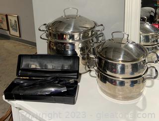 Pair of Belgique Stock Pots with Inserts and Lids and An Electric Knife 