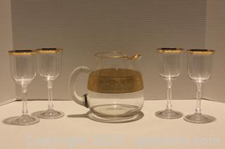 Lotus Design Gilded Pitcher & 4 Wine Glasses with Gold Toned Rim