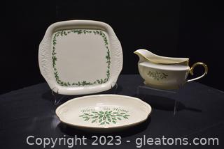 Lenox Holiday Case Plate-Gravy Boat-Bless This Home Tray/Dish All In Holly Berries