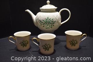 Lenox Holiday Carved Teapot Three Dimension Collection Mugs 