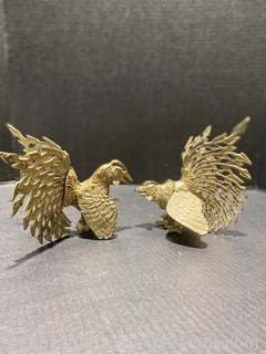 Pair of Italian Brass Fighting Rooster Sculptures 
